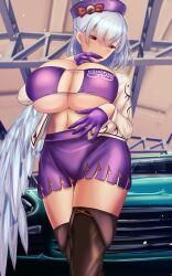 breasts gloves huge_breasts jacket race_queen sagume_kishin shounen_(hogehoge) single_wing tagme thigh_boots touhou