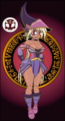 8ball9615 apprentice_illusion_magician armwear big_breasts boots chocker dark-skinned_female earrings eye_markings magician_hat oerba_yun_fang purple_eyes short_hair silver_blonde smiling twintails yu-gi-oh!