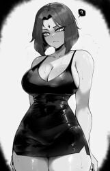 1girls bare_shoulders big_breasts black_and_white busty condescending curvaceous curves curvy curvy_female dc dc_comics dress female female_only goth goth_girl hips huge_breasts large_breasts masoq095 monochrome nipple_bulge raven_(dc) thick thick_thighs thighs