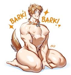 abs bara barking biceps big_chest big_pecs blonde_hair blue_eyes collar dog_boy dog_ears dog_tail gay huge_chest huge_pecs male male_only montaro_(sachuman) muscular muscular_male sachuman submissive tail thick_thighs