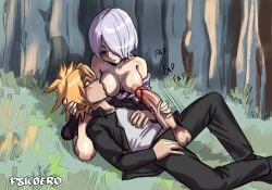 1boy 1girls assisted_masturbation blush breast_sucking breasts breasts_out closed_eyes clothed clothed_sex denki_kaminari eyelashes female forest grass grey_hair grey_hair_female handjob holding_head jerking jerking_off jerking_off_another jerkingoff jerkingoff_another kaminari_denki large_penis laying_down laying_on_back looking_at_another male male/female my_hero_academia nursing_handjob orange_eyes partially_clothed penis penis_out psicoero reference reiko_yanagi short_hair shoulders sucking sucking_nipples tagme tree trees yanagi_reiko yellow_hair