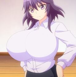1girls alternate_breast_size big_breasts breasts female honoo_no_haramase_oppai_ero_appli_gakuen huge_breasts large_breasts majime_risa nipple pink_pineapple screenshot sister_in_law squeez stitched third-party_edit