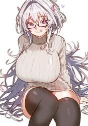 1girls breasts ebora fate/grand_order fate/prototype fate_(series) female glasses hi_res hips huge_breasts light-skinned_female light_skin long_hair merlin_(fate/prototype) naughty_face purple_eyes sitting solo sweater thick_thighs thighhighs thighs white_hair wide_hips youngmanisdown