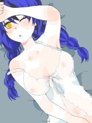 1girls bed blue_frog blue_hair blue_lipstick braids female_only frog_girl implied_masturbation kazuyrz lipstick lying lying_on_back medium_breasts one_eye_closed original_character see-through see-through_clothing twintails virtual_youtuber white_dress yellow_eyes