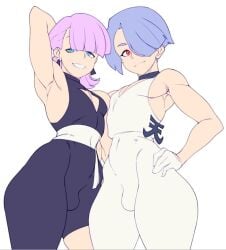 2boys armpits black_clothing blue_eyes breasts bulge exposed_breasts gay hair_covering_eye homosexual kanji male muscle_bottom muscle_boy panty_&_stocking_with_garterbelt pink_hair polyester_(psg) polyurethane_(psg) purple_hair red_eyes smile smirk tight_clothing tight_fit twunk white_clothing