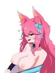 9_tails ahri alternate_costume alternate_hair_color alternate_hairstyle animal_ear_fluff animal_ears animal_girl artist_request bangs bell big_breasts blue_eyes breasts busty choker cleavage clothing exposed_breasts eyelashes eyeliner eyeshadow facial_markings female flashing flashing_breasts fluffy fluffy_ears fluffy_tail fluffy_tails fox fox_ears fox_girl fox_tail furry_tail hair_ornament hair_ribbon humanoid inner_ear_fluff japanese_clothes kemonomimi kimono kitsune league_of_legends light-skinned_female light_skin long_hair multiple_tails nine_tailed_fox pale-skinned_female pale_skin pink_hair riot_games robe spirit_blossom_ahri spirit_blossom_series sweat tail vastaya video_games