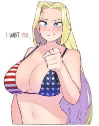 1girls america_(ohasi) american_flag_bikini american_flag_print bikini blonde_hair blue_eyes blush body_blush breasts cleavage collarbone english_text female female female_focus female_only flag_print highres i_want_you large_breasts long_hair looking_at_viewer navel ohasi open_mouth original parted_bangs pointing pointing_at_viewer poster_parody print_bikini simple_background smile solo standing swimsuit very_long_hair white_background