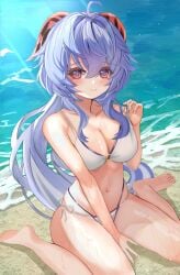 1girls 2d 2d_(artwork) adeptus alternate_costume beach belly_button bikini bikini_bottom bikini_top blue_body bra cleavage day female female_focus female_only ganyu_(genshin_impact) genshin_impact high_resolution highres horns light-skinned_female light_skin long_hair looking_at_viewer mitsu336 multi-strapped_bikini navel ocean sand slim_girl solo solo_female solo_focus summer swimsuit thong thong_bikini two_piece_swimsuit water wet wet_body white_bikini white_bikini_bottom white_bikini_top young younger_female