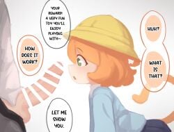 1boy :o age_difference bar_censor blue_shirt cat_tail censored english_text erection female from_side green_eyes hair_between_eyes hat highres kanbaki kanbaki's_orange-haired_catgirl leaning_forward looking_ahead looking_at_penis open_mouth orange_hair orange_tail original penis penis_awe penis_out school_hat shirt short_hair solo speech_bubble tail tail_raised upper_body white_background yellow_hat