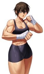 1girls abs biceps black_hair boxer_girl boxing breasts brown_hair cleavage collarbone commission goes_hard hand_wraps looking_at_viewer muscle_girl muscular muscular_female pixie_cut punching saotome_senshu,_hitakakusu saotome_yae short_hair shorts simple_background solo sotcho sports_bra stern_expression thick_thighs tomboy white_background