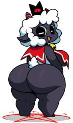 anthro ass bell bell_collar big_ass big_breasts breasts cult_of_the_lamb devolver_digital female horns jutsapostion lamb_(cult_of_the_lamb) red_crown_(cult_of_the_lamb) sheep sheep_girl smiling_at_viewer solo tail thick_thighs wool_(fur)