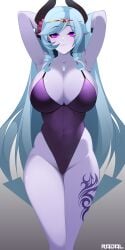 armpits arms_behind_head arms_up big_breasts blue_hair boobs decanee female grand_chase purple_skin radal swimsuit tattoo thighs