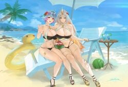 2girls ahoge alternate_costume bare_shoulders beach bikini black_bikini black_swimsuit blonde_hair breasts cleavage female female_only fire_emblem fire_emblem_heroes full_body grey_hair gullveig_(fire_emblem) gullveig_(summer)_(fire_emblem) highres horns huge_breasts innertube jewelry large_breasts long_hair multicolored_hair multiple_girls navel nintendo ocean official_alternate_costume open_mouth outdoors pale_skin purple_hair sandals seidr_(fire_emblem) seidr_(summer)_(fire_emblem) sendo_(sendrawz) sendrawz short_hair simple_background single_horn sitting smile swim_ring swimsuit thighs toes two-tone_hair yellow_eyes