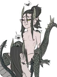 1boy black_hair black_scales blowjob byzaryne_(meatshole) claws deepthroat dragon_boy dragon_girl fellatio female green_eyes horns meatshole scales tail