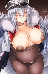 areolae azur_lane bangs black_coat black_legwear breasts breasts_apart breasts_out clothing coat collarbone covered_navel cowboy_shot dark_areolae eyebrows_visible_through_hair female fur_trim graf_zeppelin_(azur_lane) hair_between_eyes hat large_breasts long_hair looking_at_viewer maternity_pantyhose nipples open_mouth pantyhose peaked_cap pregnant red_eyes simple_background sitting solo white_hair