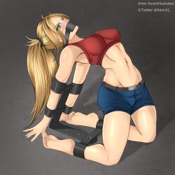 barefoot blonde_hair bondage damsel_in_distress did feet gag original original_character steel-bondage tagme