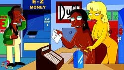 breasts claudia-r clothes color dark-skinned_female dark_skin female human indoors interracial kwik-e-mart male multiple_females nipples nude standing the_simpsons yuri