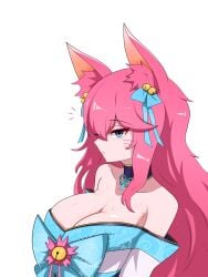 9_tails ahri alternate_costume alternate_hair_color alternate_hairstyle animal_ear_fluff animal_ears animal_girl artist_request bangs bell big_breasts blue_eyes breasts busty choker cleavage clothing eyelashes eyeliner eyeshadow facial_markings female fluffy fluffy_ears fluffy_tail fluffy_tails fox fox_ears fox_girl fox_tail furry_tail hair_ornament hair_ribbon humanoid inner_ear_fluff japanese_clothes kemonomimi kimono kitsune league_of_legends light-skinned_female light_skin long_hair multiple_tails nine_tailed_fox no_nude pale-skinned_female pale_skin pink_hair riot_games robe spirit_blossom_ahri spirit_blossom_series tail vastaya video_games