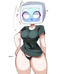 big_breasts gazericc light-skinned_female miyu_(rox_hoxten) no_pants original_character panties screen_face slightly_chubby thick_thighs tv_head white_eyes