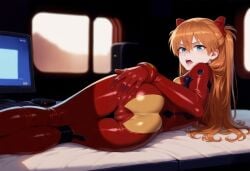 ai_generated ass bakariso bangs bed blue_eyes bodysuit cameltoe female from_behind hair_between_eyes hair_ornament headgear highres indoors long_hair looking_at_viewer looking_back lying neon_genesis_evangelion on_bed on_side open_mouth orange_hair pilot_suit plugsuit red_bodysuit shiny shiny_clothes skin_tight solo souryuu_asuka_langley spread_ass thighs tongue twintails window