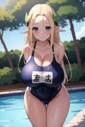 1girls ai_generated blonde_hair blue_eyes breasts cerestia_of_life cleavage elf elf_ears elf_female female female_focus female_only flyingpancake hi_res huge_breasts last_origin light-skinned_female light_skin long_hair massive_breasts one-piece_swimsuit pointy_ears thick_thighs thighs