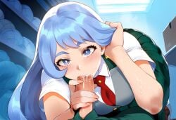 1boy 1girls adjusting_hair ai_generated blue_hair cum cum_in_mouth fellatio from_below handjob hidden looking_at_viewer my_hero_academia nejire_hado oral oral_sex penis pov thiccwithaq_(ai_style) tie tittyg-ai u.a._school_uniform