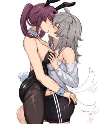 2girls absurdres animal_ears arnkun bare_arms big_breasts black_leotard black_nails black_pantyhose black_shorts commentary cowboy_shot detached_sleeves drawn_tail fake_animal_ears fake_tail from_side frottage grey_hair hand_on_another's_ass highres honkai:_star_rail honkai_(series) kafka_(honkai:_star_rail) leg_between_thighs leotard long_hair multiple_girls off_shoulder pantyhose playboy_bunny ponytail profile purple_hair pussy_juice rabbit_ears rabbit_tail shirt shorts simple_background stelle_(honkai:_star_rail) strapless strapless_leotard tail tail_wagging trailblazer_(honkai:_star_rail) white_background white_shirt yellow_eyes yuri