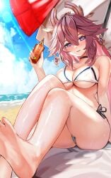 1girls 2d 2d_(artwork) alternate_costume animal_ears beach big_breasts bikini bikini_bottom bikini_top blush bra clouds day female female_focus female_only fox_ears fox_girl front_view genshin_impact high_resolution highres holding_object hourglass_figure light-skinned_female light_skin long_hair looking_at_viewer mature mature_female mitsu336 ocean outdoors pink_hair purple_eyes sand sky slim_girl solo solo_female solo_focus summer thong thong_bikini two_piece_swimsuit umbrella water wet wet_body yae_miko