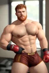 1boy ai_generated athletic bicep_curl biceps big_biceps big_bulge bodybuilder boxer boxers_(clothing) boxers_only boxing_gloves buff bulge buzz_cut daddy daddy_kink flexing_bicep giant_bulge gigantic ginger human human_only hyper hyper-masculine hyper_masc hyper_muscles kind_daddy light-skinned_male light_skin male male_only masculine masculine_man men_only muscles muscular muscular_arms muscular_man muscular_shoulders pale_skin red_beard shaved_head shoulders sole_male unrealistic_body_standards