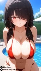 ai_generated alternate_breast_size bent_over bikini black_hair cleavage date_a_live gumi_arts hair_over_one_eye huge_breasts looking_at_viewer red_eyes smile stable_diffusion tight_clothing tokisaki_kurumi wet