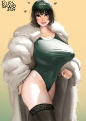 1girls alternate_version_available big_breasts black_thighhighs breasts clothing coat dark_green_hair female female_only fubuki_(one-punch_man) fur_coat green_eyes green_hair green_leotard hair heart heart hips huge_breasts lace lace-trimmed_thighhighs lace_trim large_breasts legwear leotard lips one-punch_man porcoro short_hair solo solo_female thick_lips thighhighs thighs