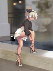 1girls ai_generated anklet bea_(pokemon) black_crop_top bow_hairband breasts crop_top earrings female fountain grey_eyes grey_hair hairband high_heels hoop_earrings lace-up_heels linkartoon medium_breasts nintendo pokemon pokemon_ss short_hair skirt solo stiletto_heels very_high_heels white_skirt