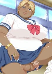 1futa 2019 balls ballsack bar_censor big_breasts blonde_hair blue_eyes bottomless_futanari breasts censored chubby_futanari clothed clothing dangling_testicles dark-skinned_futanari dark_skin fat flaccid_penis foreskin foreskin_overhang futa_only futanari gyaru human intact long_foreskin low_hanging_balls mkrgyyyy mostly_clothed nipple_bulge overweight overweight_futanari penis school_uniform scrotum sitting skirt solo testicles tight_foreskin uncut unretracted_foreskin