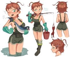 1girls 2020 barleyshake big_breasts cleavage fish fishing_rod ginger green_eyes naked_overalls original_character overalls