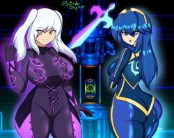 2girls alternate_costume ass breasts cosplay crossover female female_only fire_emblem fire_emblem_awakening lucina_(fire_emblem) metroid nintendo robin_(fire_emblem) robin_(fire_emblem)_(female) striderdogart zero_suit_samus_(cosplay)