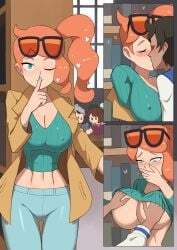 1boy 1girls barleyshake big_breasts blue_eyes blush clothed clothing color embarrassed female fit_female game_freak glasses grabbing_breasts hand_on_breast hi_res kissing kissing large_breasts light-skinned_female light_skin long_hair looking_at_viewer male male/female nintendo nipples_visible_through_clothing orange_hair pokemon pokemon_ss pokemon_trainer sonia_(pokemon) tagme thick_thighs