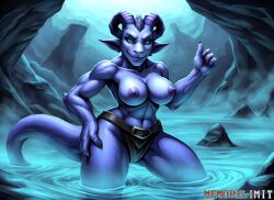 abs ai_generated anthro big_breasts big_hips bikini bikini_armor bikini_bottom blue_eyes blue_water breasts dota dota_2 female female_focus female_only hand_on_hip hips horns in_water memorylimit muscular muscular_anthro muscular_female pointy_ears rikimaru_the_stealth_assassin rocks rule_63 smiling smoke stable_diffusion standing tail water