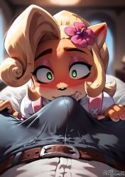 1boy1girl ai_generated ashleybarkz blonde_hair coco_bandicoot crash_(series) crotch_sniffing drool drooling erection furry hi_res painted_nails smell smelling smelling_penis sniffing sniffing_penis under_covers unseen_male_face wide_eyed