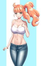 1girls asairosora blue_eyes bracelet breasts crop_top heart_hair_ornament jeans large_breasts looking_at_viewer midriff navel nintendo orange_hair pokemon pokemon_ss ponytail side_ponytail sonia_(pokemon) white_crop_top