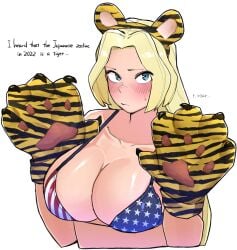 1girls america_(ohasi) american_flag american_flag_bikini american_flag_print animal_ears animal_gloves bare_arms bare_shoulders bikini blue_eyes blush breasts cleavage collarbone english_text female female_only flag_print hand_up highres large_breasts long_hair ohasi open_mouth original parted_bangs print_bikini shiny_skin skindentation solo string_bikini sweat swimsuit tiger_ears upper_body