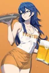 1girls beer_mug blue_eyes blue_hair brand_of_the_exalt breasts chicken_(food) cleavage closed_mouth collarbone commission cup female female_only fire_emblem fire_emblem_awakening food fried_chicken holding holding_tray hooters long_hair lucina_(fire_emblem) mug nintendo orange_background rasupekuto shirt short_shorts shorts simple_background skeb_commission small_breasts smile solo tank_top tray waitress white_shirt