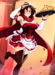 1girls apron black_hair breasts choker detached_sleeves food grey_eyes high_heel_boots high_heels hocen holding_tray looking_at_viewer maid maid_apron maid_headdress maid_uniform medium_breasts multicolored_hair pizza red_hair ruby_rose rwby salute thighhigh_boots tray vilde_loh_hocen