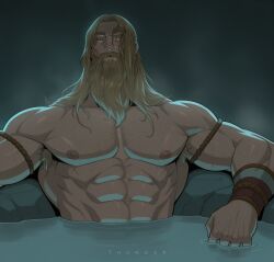 2d abs ai_assisted armpit_hair bara beard blonde_hair body_hair chest_hair facial_hair hairy heracles heracles_(hades) human long_beard long_hair male male_focus male_only muscular muscular_male partially_submerged thumosx underlighting water wet
