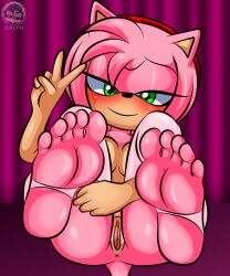 absurd_res accessory amy_rose anus ass breasts clothing eulipotyphlan feet feet_up female fingers foot_fetish foot_focus footwear fur genitals gesture green_eyes hair hair_accessory half-closed_eyes hand_gesture hedgehog hi_res leg_grab legs_up legwear looking_at_viewer looking_pleasured mammal narrowed_eyes pink_body pink_fur pink_hair pussy sega sirjzau solo sonic_(series) sonic_the_hedgehog_(series) stirrup_legwear stirrup_stockings v_sign