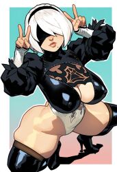 1girls ai_generated breasts cleavage female from_above grey_hair huge_breasts nier nier:_automata spread_legs squatting yorha_2b