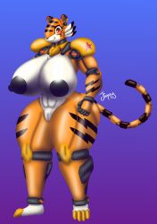 4_toes 5_fingers 7ig absurd_res anthro big_breasts black_nipples breasts feet felid female fingers genitals hi_res jiqqy machine mammal nipples orange_body orange_eyes pantherine pussy robot solo star tail tiger toes