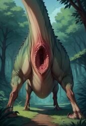 2024 ai_generated carnivalecloudmuncher cloaca dinosaur female feral furry gaping gaping_cloaca looking_back presenting rear_view reptile scalie self_upload solo tagme tail