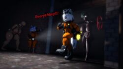 16:9 3d_(artwork) adam_(juicyducksfm) anthro backpack belt bodysuit boots bracken_(lethal_company) breasts canid canine canis chasing clothing coil-head_(lethal_company) digital_media_(artwork) electronics fan_character female flashlight footwear fur gas_mask gloves gold_ingot grey_body grey_fur group handwear hi_res humanoid juicyducksfm lethal_company looking_at_another male mammal mannequin mask muscular muscular_anthro muscular_male nude radio red_eyes running running_away sega skinsuit sonic_(series) sonic_the_hedgehog_(series) source_filmmaker_(artwork) standing text tight_clothing tilver_the_wolf white_body white_fur widescreen wolf