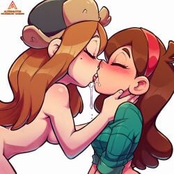 2girls aalternator age_difference ai_generated big_breasts closed_eyes female female_only fetish gravity_falls hat kissing lgbt_pride mabel_pines nude older_female patreon patreon_username pride_month saliva saliva_drip saliva_string saliva_trail shirt sloppy sloppy_kiss small_breasts tongue tongue_out two_girls wearing_others_clothes wendy_corduroy younger_female yuri