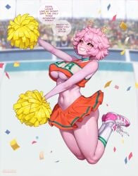 1girls ange1witch ass belly_button big_breasts black_sclera breasts cheerleader cheerleader_uniform choker clothed english_text eyebrows_visible_through_hair female female_focus female_only hi_res horns jumping kneehighs kneesocks midriff mina_ashido my_hero_academia nipple_bulge no_bra pink_hair pink_skin pom_poms shoes short_hair skirt smile sneakers socks socks_and_shoes speech_bubble superheroine text thighs u.a._cheerleader_outfit underboob white_socks yellow_eyes